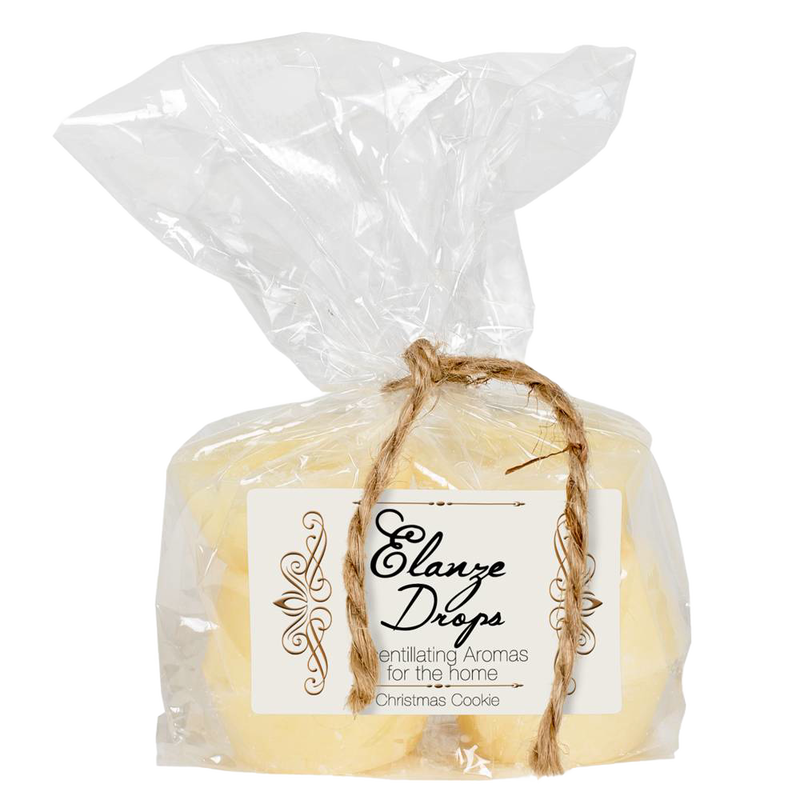 Clear cellophane bag tied with rustic twine, containing six pale yellow scented wax drops labeled with elegant script for uplifting Christmas Cookie aromas, ideal for Home & Decor, Decor, Best Sellers, Promo Eligible, and Sale collections.