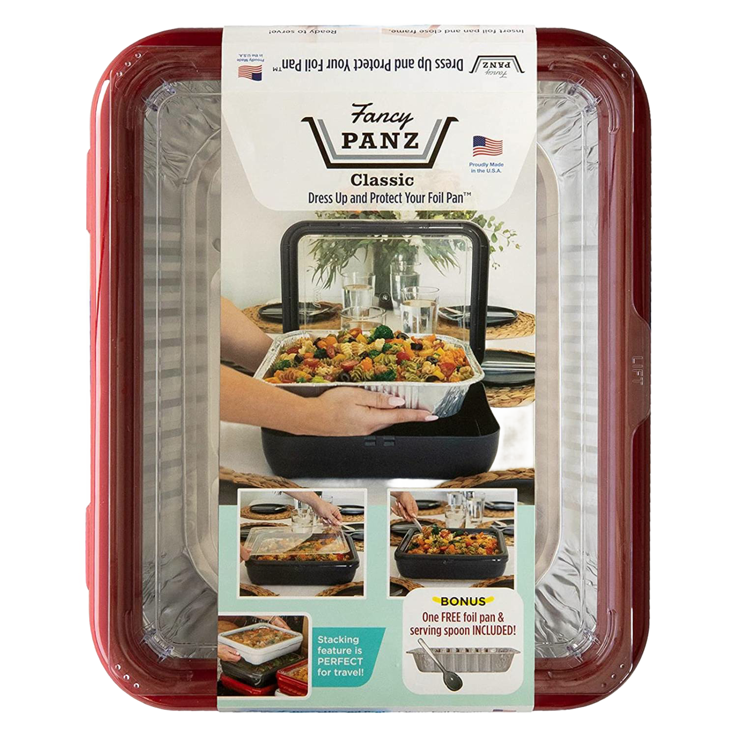 Red Fancy Panz cover with clear removable window dressed over a foil pan filled with colorful food, highlighting sturdy transport and serving solution for Kitchen & Food and Storage collections made in USA.