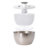 Brushed stainless steel salad spinner with clear plastic locking lid, white basket, and rubber bottom for stable use, suited for Kitchen & Food, Kitchen Gadgets, and Best Sellers collections.