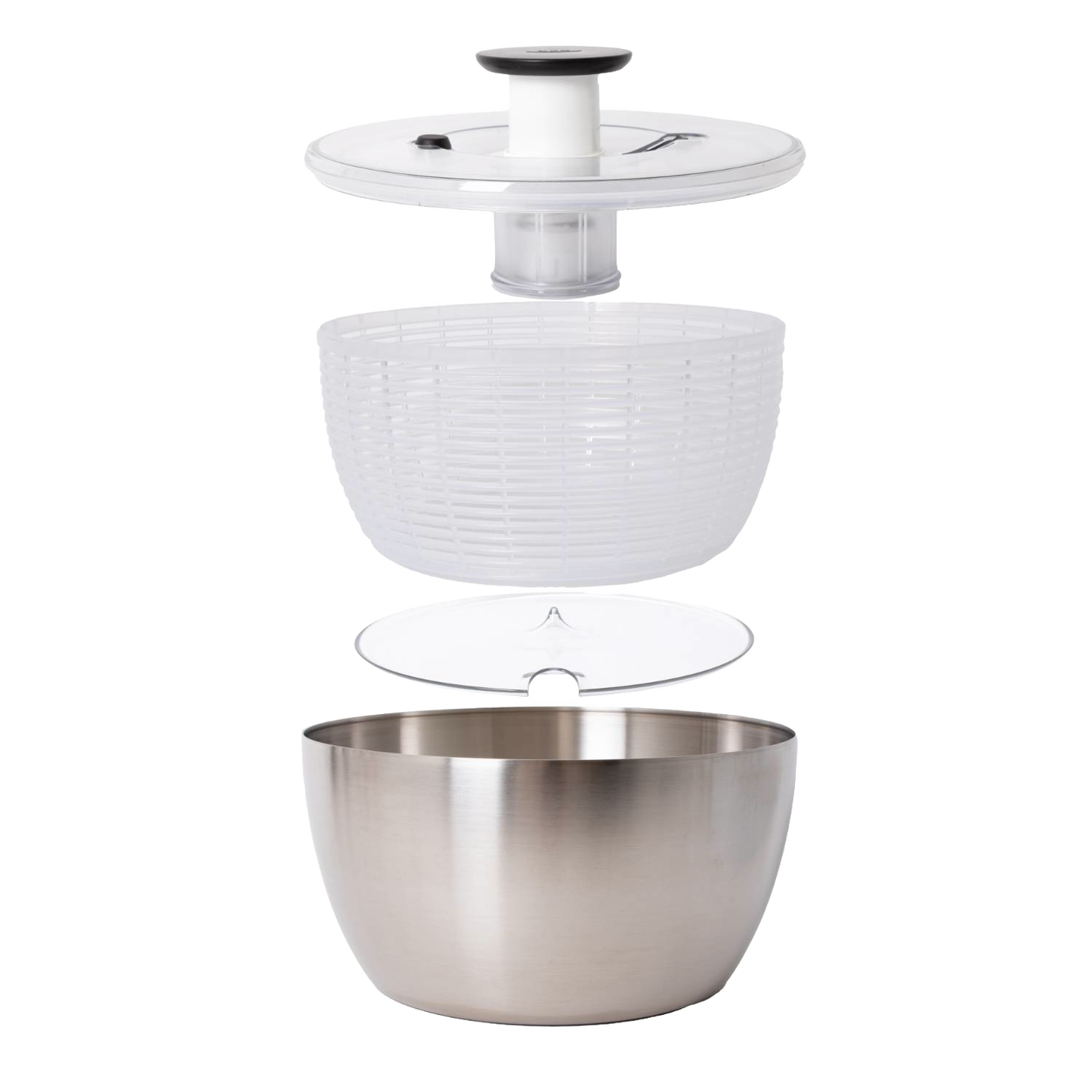Brushed stainless steel salad spinner with clear plastic locking lid, white basket, and rubber bottom for stable use, suited for Kitchen & Food, Kitchen Gadgets, and Best Sellers collections.