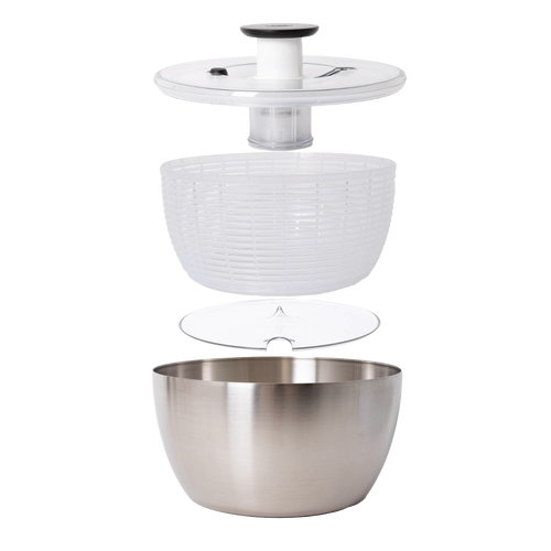 Brushed stainless steel salad spinner with clear plastic locking lid, white basket, and rubber bottom for stable use, suited for Kitchen & Food, Kitchen Gadgets, and Best Sellers collections.