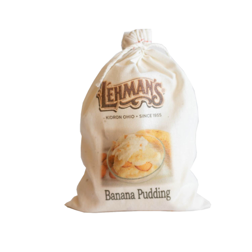 Natural fabric drawstring bag featuring handcrafted banana pudding mix with rustic Lehman’s branding, ideal for Kitchen & Food, Pantry, Dry Goods and Mixes, Best Sellers, and Promo Eligible collections.