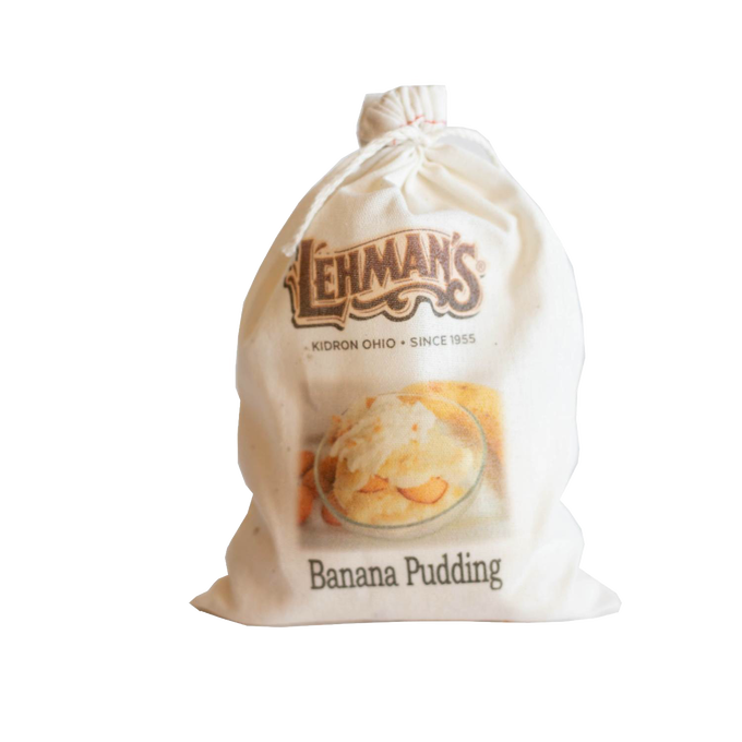 Natural fabric drawstring bag featuring handcrafted banana pudding mix with rustic Lehman’s branding, ideal for Kitchen & Food, Pantry, Dry Goods and Mixes, Best Sellers, and Promo Eligible collections.