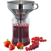 Wide-mouth stainless steel funnel with removable fine mesh filter inserted into a glass jar, surrounded by fresh strawberries and red currants, ideal for kitchen and food preservation tasks