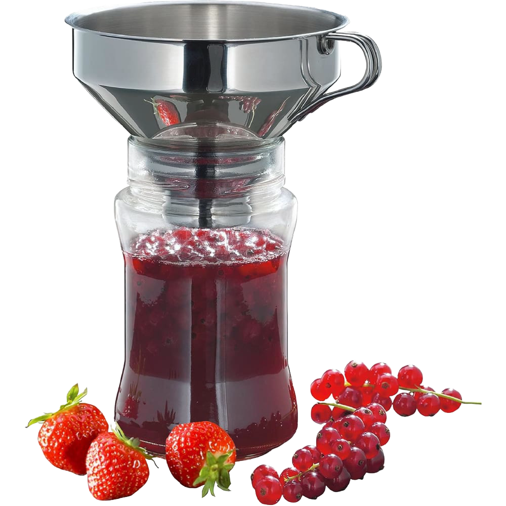 Wide-mouth stainless steel funnel with removable fine mesh filter inserted into a glass jar, surrounded by fresh strawberries and red currants, ideal for kitchen and food preservation tasks