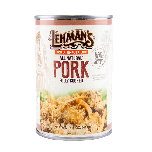 Can of handcrafted Lehman’s all-natural fully cooked pork, ready to heat and serve, featured in Farm, Garden & Tool, Kitchen & Food, Emergency Supplies, Food, Meats, Best Sellers, and Promo Eligible collections.