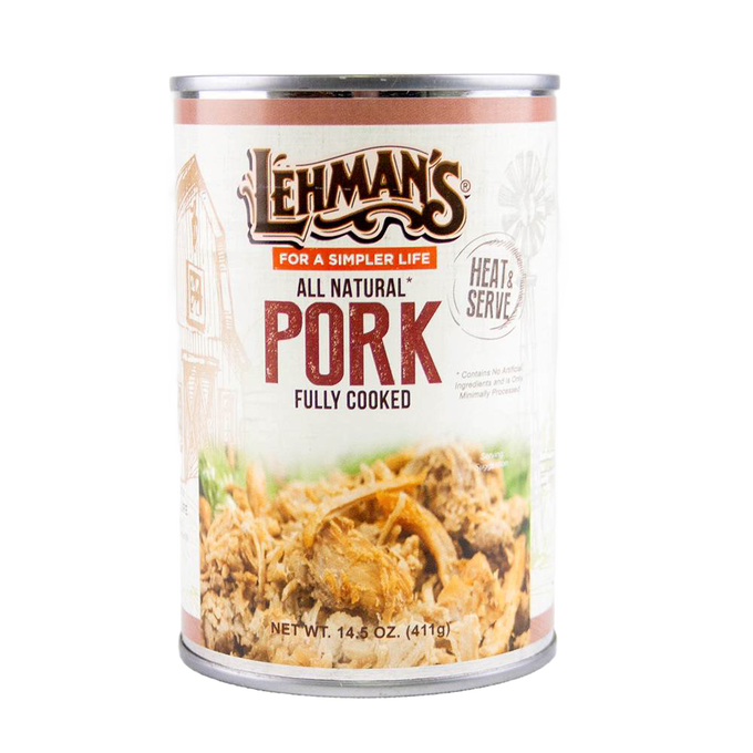 Can of handcrafted Lehman’s all-natural fully cooked pork, ready to heat and serve, featured in Farm, Garden & Tool, Kitchen & Food, Emergency Supplies, Food, Meats, Best Sellers, and Promo Eligible collections.