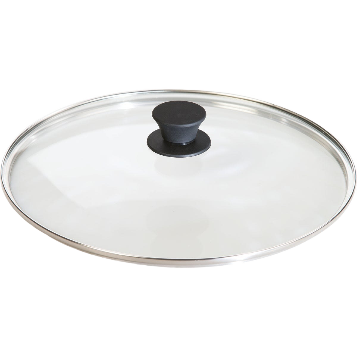 Round tempered glass cookware lid with black knob handle and stainless steel rim, ideal for Kitchen & Food, Cast Iron, Cookware, Pots and Pans, Best Sellers, and Promo Eligible collections.