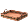 Handcrafted Amish serving tray with handwoven sides in natural and green tones, featuring two leather handles and a flat wooden base, perfect for Kitchen & Food and Storage and Serving collections.