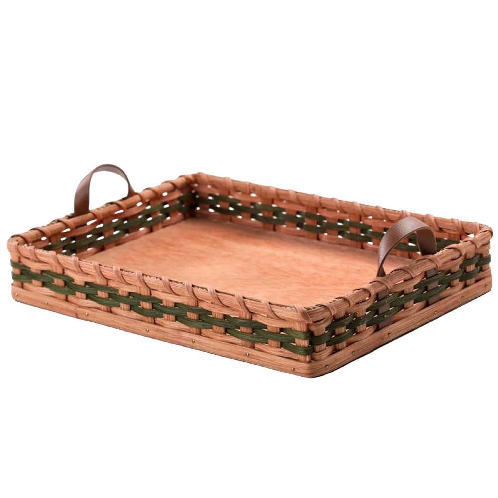Handcrafted Amish serving tray with handwoven sides in natural and green tones, featuring two leather handles and a flat wooden base, perfect for Kitchen & Food and Storage and Serving collections.