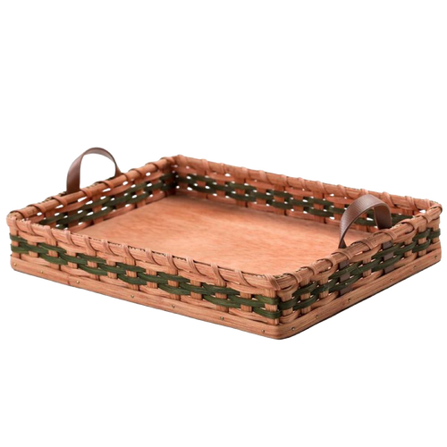 Handcrafted Amish serving tray with handwoven sides in natural and green tones, featuring two leather handles and a flat wooden base, perfect for Kitchen & Food and Storage and Serving collections.