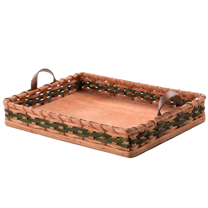 Handcrafted Amish serving tray with handwoven sides in natural and green tones, featuring two leather handles and a flat wooden base, perfect for Kitchen & Food and Storage and Serving collections.