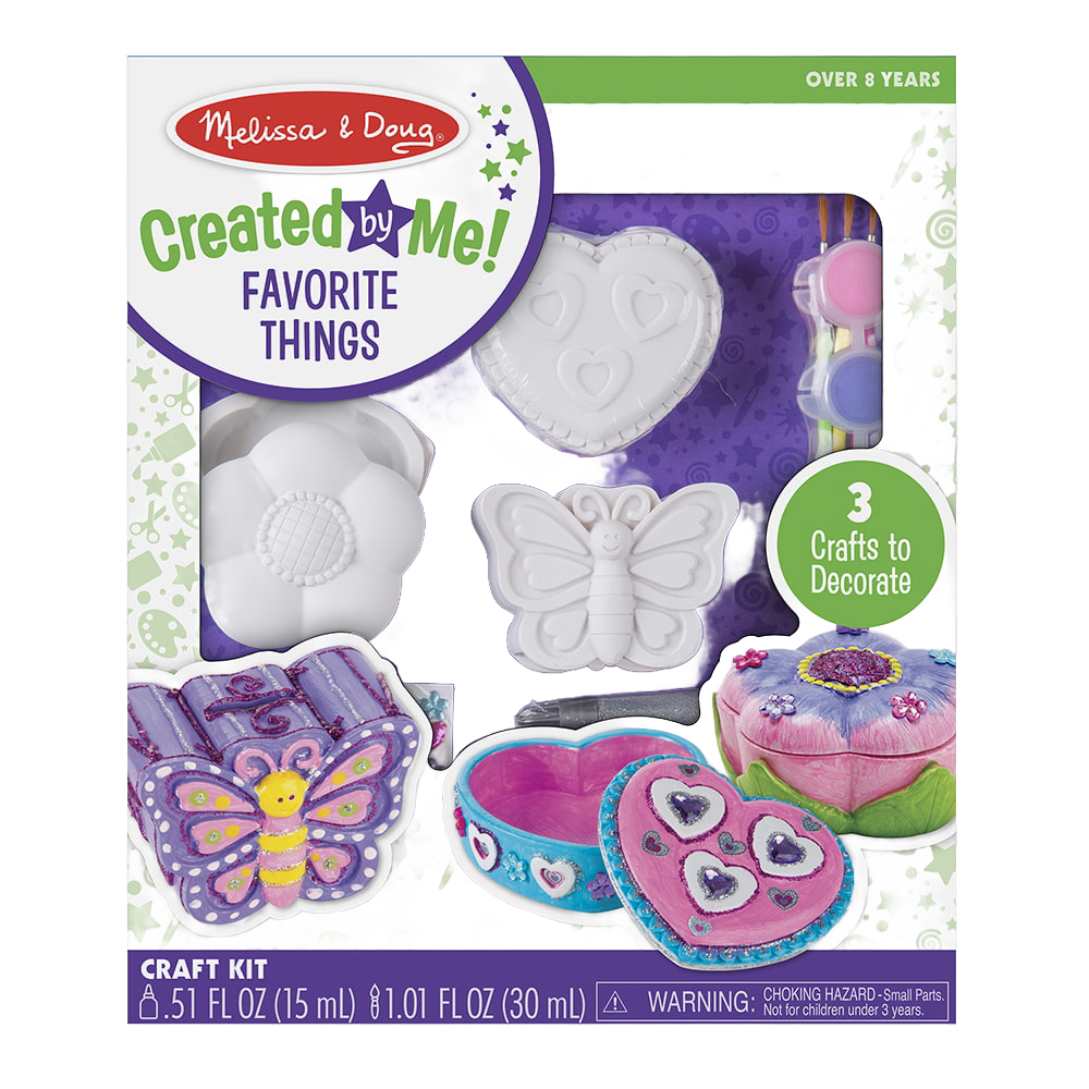 Craft kit featuring three resin items shaped like a flower, heart, and butterfly for decorating with included paints, brushes, stickers, and glues, ideal for indoor play and arts and crafts collections.