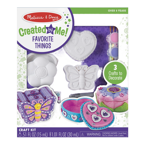 Craft kit featuring three resin items shaped like a flower, heart, and butterfly for decorating with included paints, brushes, stickers, and glues, ideal for indoor play and arts and crafts collections.