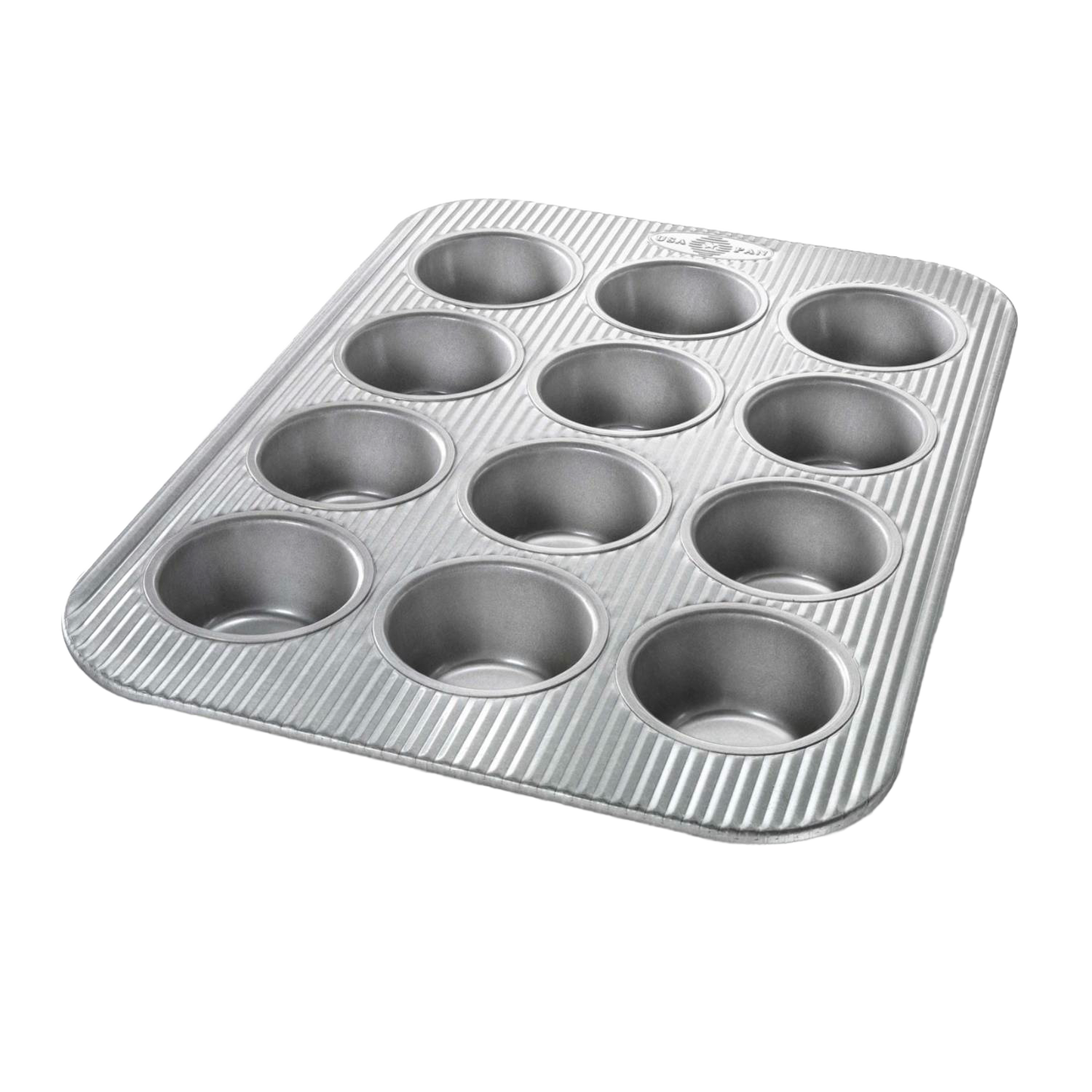 Durable 12-cup muffin pan with fluted surface and patented Americoat Plus nonstick coating, crafted for Kitchen & Food, Cookware, Baking Supplies, and USA Made collections.