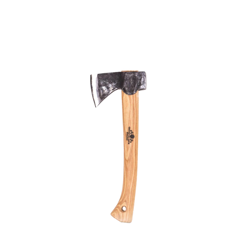Hand-forged compact hatchet with tempered Swedish steel blade and smooth wooden handle, designed for durability and power in farm, garden, woodworking, and outdoor tool collections.