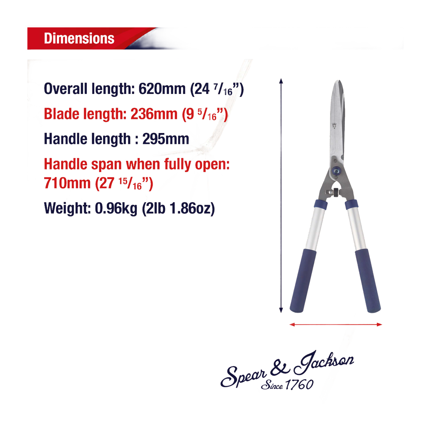Blue-handled hedge shears with chrome-plated, hardened C50 carbon steel notched blades, lightweight design for pruning thicker stems, part of Farm, Garden & Tool and Lawncare collections.