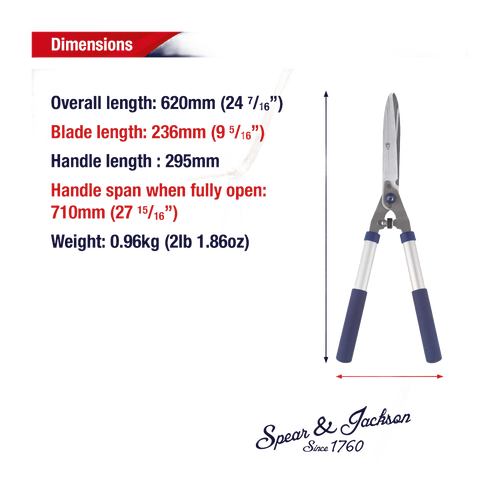 Blue-handled hedge shears with chrome-plated, hardened C50 carbon steel notched blades, lightweight design for pruning thicker stems, part of Farm, Garden & Tool and Lawncare collections.