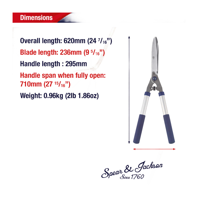 Blue-handled hedge shears with chrome-plated, hardened C50 carbon steel notched blades, lightweight design for pruning thicker stems, part of Farm, Garden & Tool and Lawncare collections.