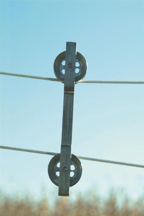 Cast aluminum clothesline spacer with dual pulleys holding parallel clotheslines against a clear blue sky, designed for Home & Decor, Laundry Supplies, and Drying Accessories collections.