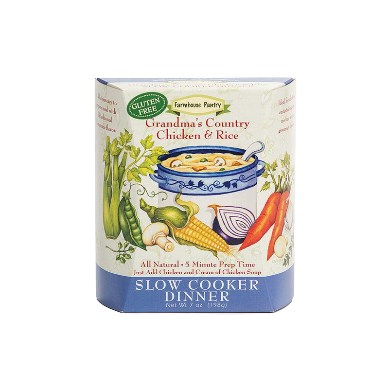 Handcrafted gluten-free slow cooker dinner mix for Grandma’s Country Chicken & Rice with illustrated fresh vegetables, all-natural, low prep time, made in USA, ideal for Kitchen & Food and Dry Goods collections.