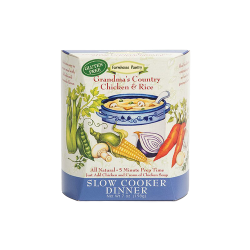 Handcrafted gluten-free slow cooker dinner mix for Grandma’s Country Chicken & Rice with illustrated fresh vegetables, all-natural, low prep time, made in USA, ideal for Kitchen & Food and Dry Goods collections.