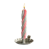 Handcrafted red and green spiral candle lit in a vintage-style metal holder, perfect for adding a festive touch to holiday decor and home lighting collections.