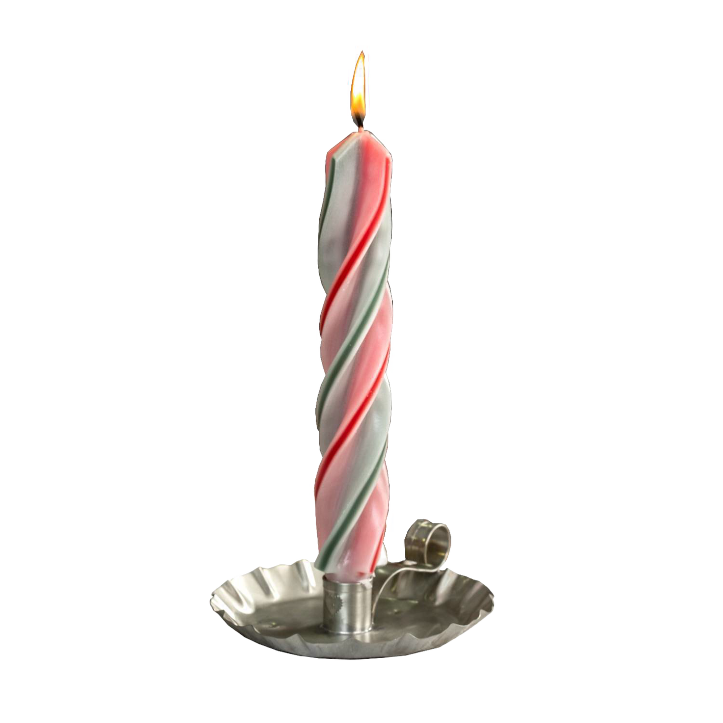 Handcrafted red and green spiral candle lit in a vintage-style metal holder, perfect for adding a festive touch to holiday decor and home lighting collections.