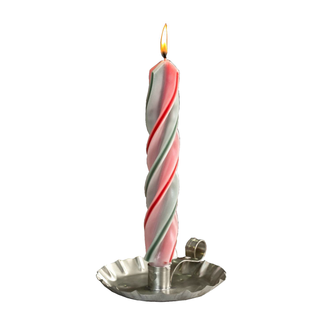 Handcrafted red and green spiral candle lit in a vintage-style metal holder, perfect for adding a festive touch to holiday decor and home lighting collections.