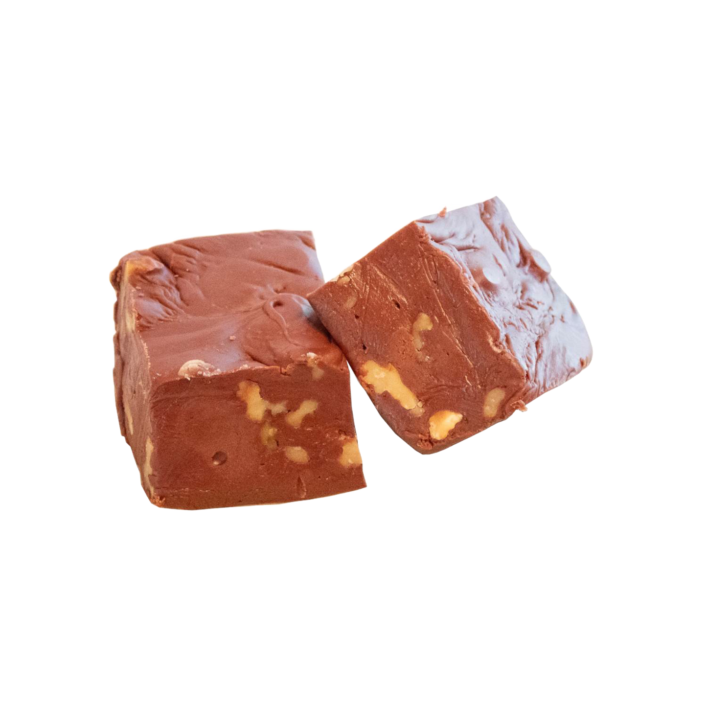 Two handcrafted rich chocolate fudge squares with embedded walnut pieces, showcasing a creamy texture from an exclusive USA made Amish recipe, featured in Kitchen & Food, Snacks and Sweets, USA Made, Best Sellers, Promo Eligible collections.
