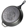 Black cast iron skillet featuring a detailed turkey design on the bottom, pre-seasoned and heat-retaining, crafted in the USA, ideal for Kitchen & Food, Cookware, and Best Sellers collections.