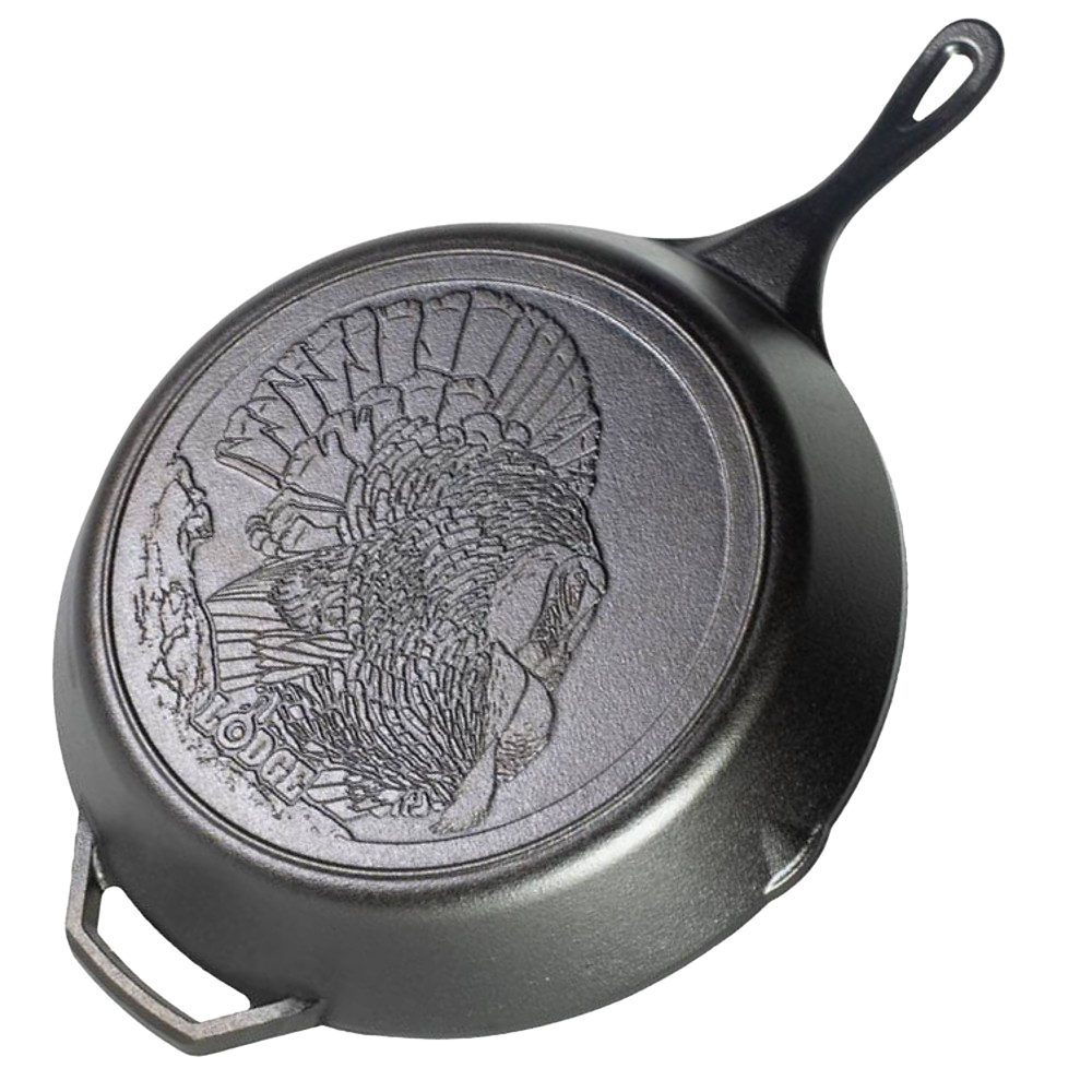 Black cast iron skillet featuring a detailed turkey design on the bottom, pre-seasoned and heat-retaining, crafted in the USA, ideal for Kitchen & Food, Cookware, and Best Sellers collections.