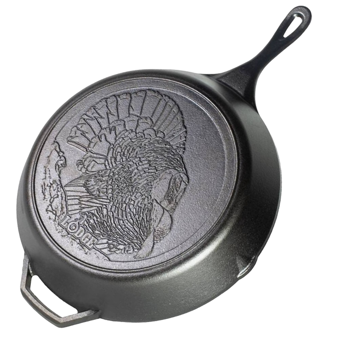 Black cast iron skillet featuring a detailed turkey design on the bottom, pre-seasoned and heat-retaining, crafted in the USA, ideal for Kitchen & Food, Cookware, and Best Sellers collections.