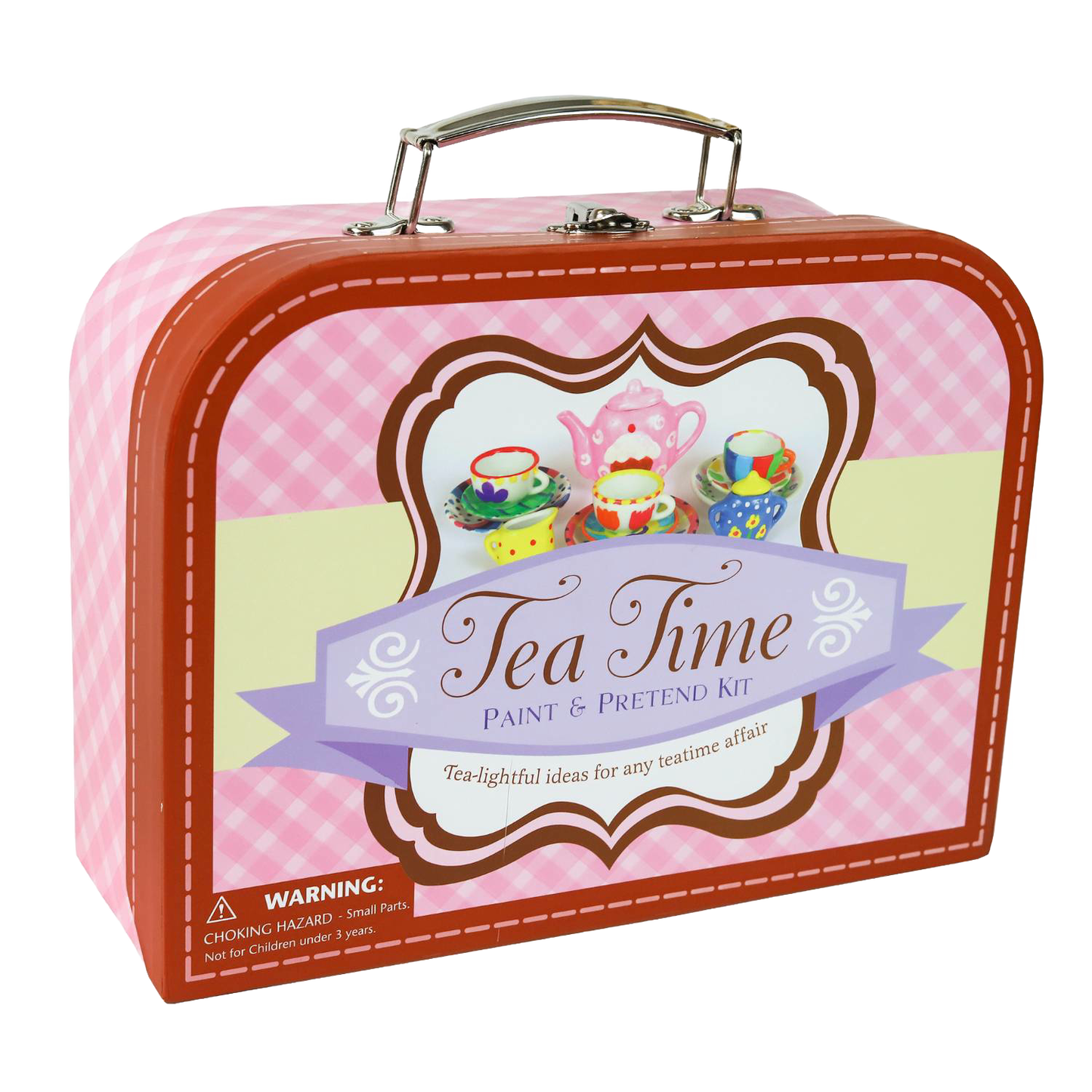 Decorative metal suitcase with a pink gingham pattern featuring a 17-piece handcrafted mini tea set art kit, suitable for creative play in Toys, Books & Games, Children's Toys, and Arts and Crafts collections.