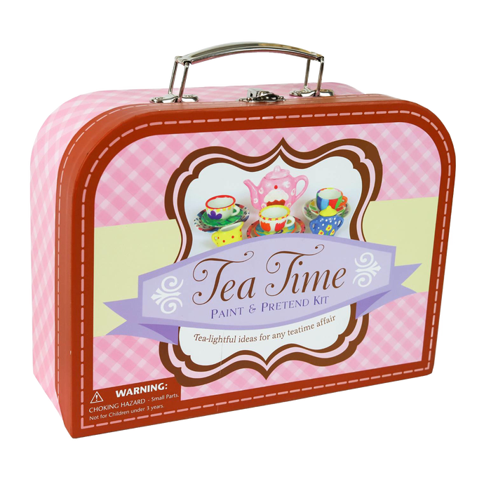 Decorative metal suitcase with a pink gingham pattern featuring a 17-piece handcrafted mini tea set art kit, suitable for creative play in Toys, Books & Games, Children's Toys, and Arts and Crafts collections.
