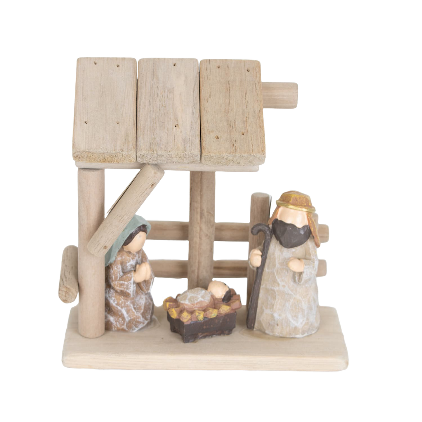Handcrafted nativity scene featuring wooden stable and attached resin figurines of Mary, Joseph, and baby Jesus, ideal for Home & Decor, Holiday Decor, and Best Sellers collections.