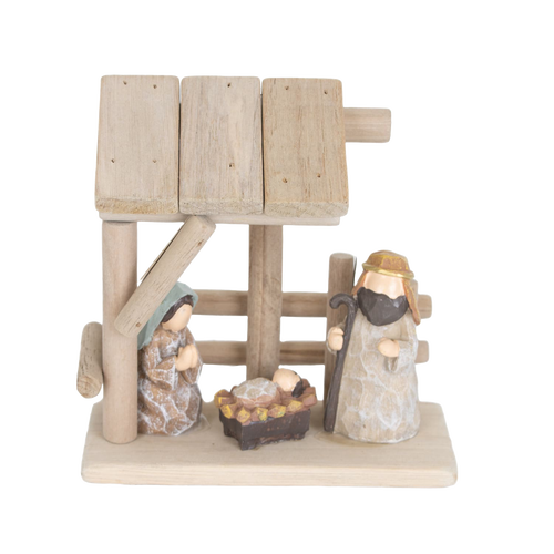 Handcrafted nativity scene featuring wooden stable and attached resin figurines of Mary, Joseph, and baby Jesus, ideal for Home & Decor, Holiday Decor, and Best Sellers collections.
