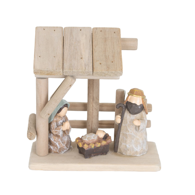 Handcrafted nativity scene featuring wooden stable and attached resin figurines of Mary, Joseph, and baby Jesus, ideal for Home & Decor, Holiday Decor, and Best Sellers collections.