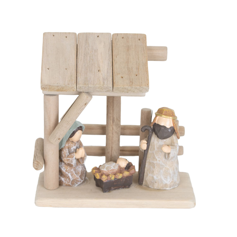 Handcrafted nativity scene featuring wooden stable and attached resin figurines of Mary, Joseph, and baby Jesus, ideal for Home & Decor, Holiday Decor, and Best Sellers collections.