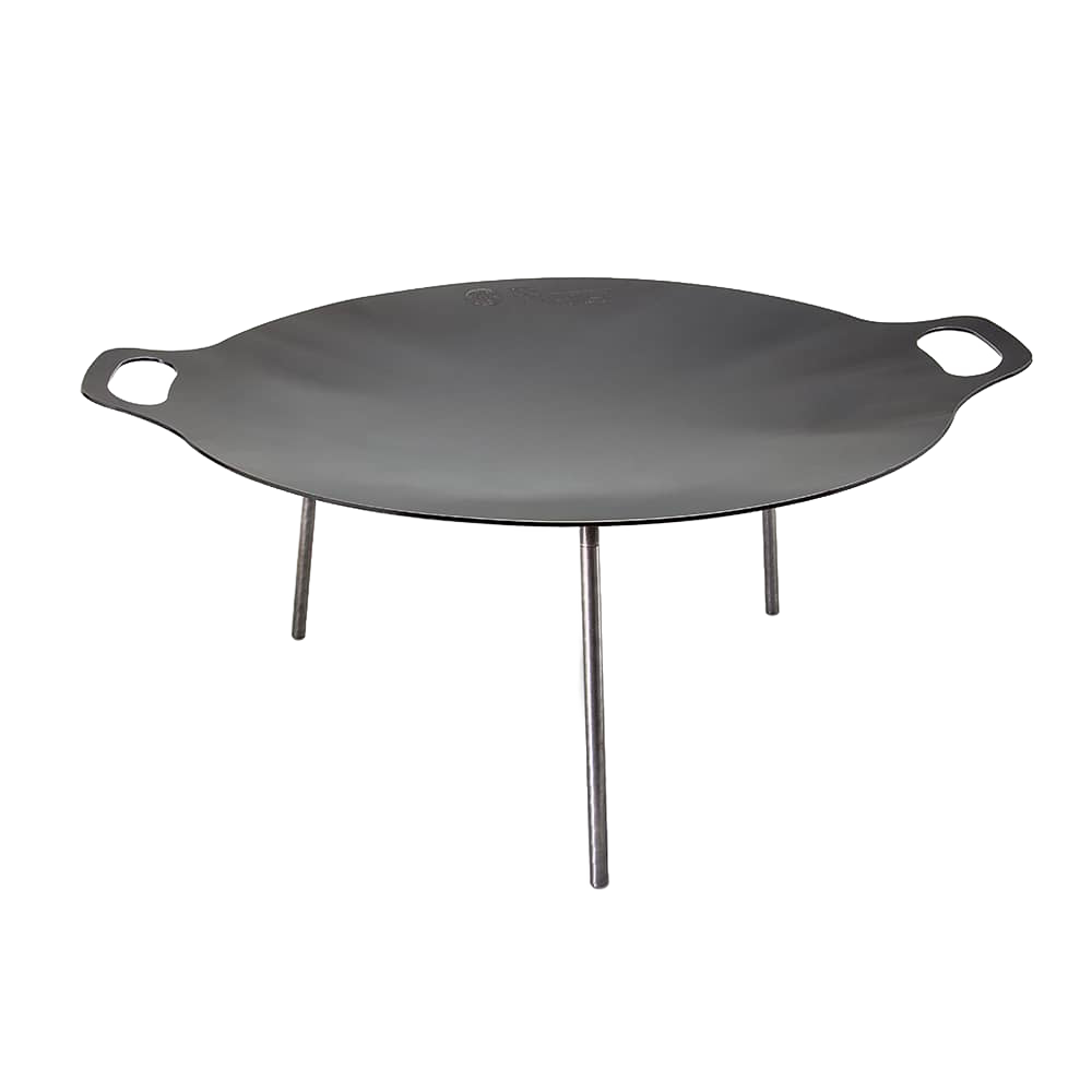 Heavy-duty steel cooking griddle with sturdy three-legged fire bowl design and side handles, suitable for outdoor camping, farm, garden, and tool use, featured in best sellers and promo collections.