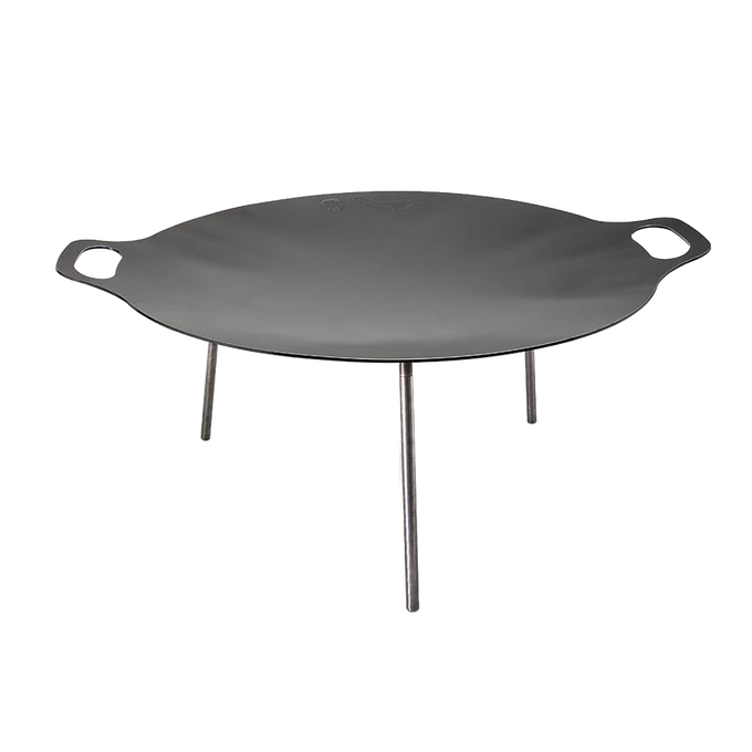 Heavy-duty steel cooking griddle with sturdy three-legged fire bowl design and side handles, suitable for outdoor camping, farm, garden, and tool use, featured in best sellers and promo collections.