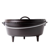 Cast iron camp Dutch oven with lid and bail handle, featuring sturdy legs for cooking over coals, crafted in the USA, suitable for camping and outdoor cooking collections.
