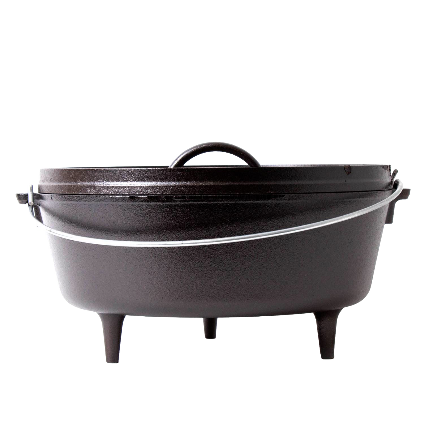 Cast iron camp Dutch oven with lid and bail handle, featuring sturdy legs for cooking over coals, crafted in the USA, suitable for camping and outdoor cooking collections.
