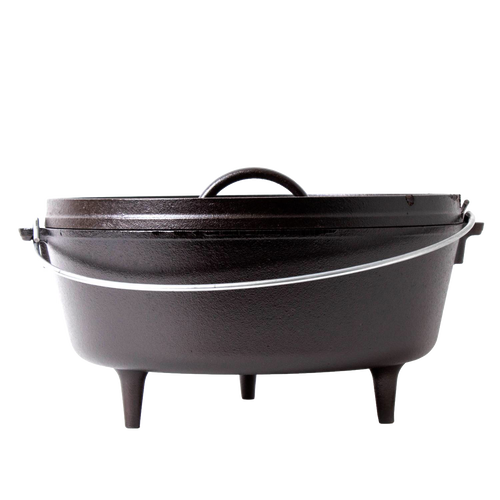 Cast iron camp Dutch oven with lid and bail handle, featuring sturdy legs for cooking over coals, crafted in the USA, suitable for camping and outdoor cooking collections.