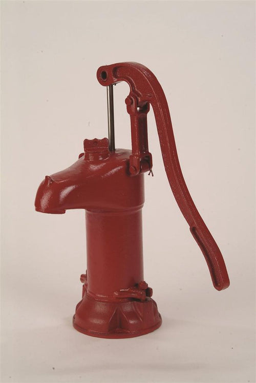 Red painted enclosed top cistern pump made of all iron with polished inner walls for strong suction, ideal for shallow well water pumping in USA Made and Appliances collections.