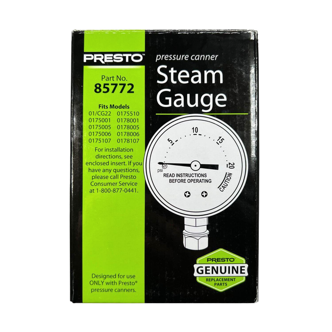 Boxed replacement steam gauge for pressure canners, featuring clear psi dial up to 20, labeled with installation instructions, part number 85772, made in USA, ideal for Kitchen & Food and Canning collections.