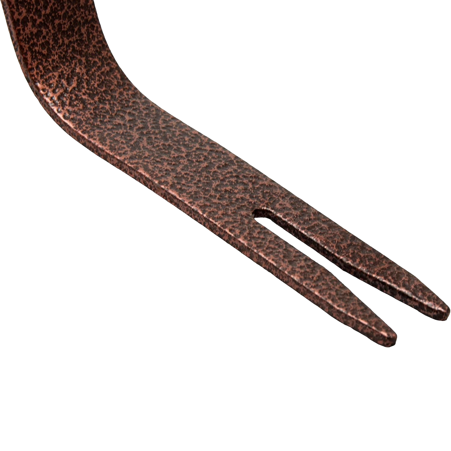Hammer-finished, powder-coated metal head of a handmade weeding tool featuring a two-pronged fork design, ideal for Farm, Garden & Tool, Lawncare, and Best Sellers collections.