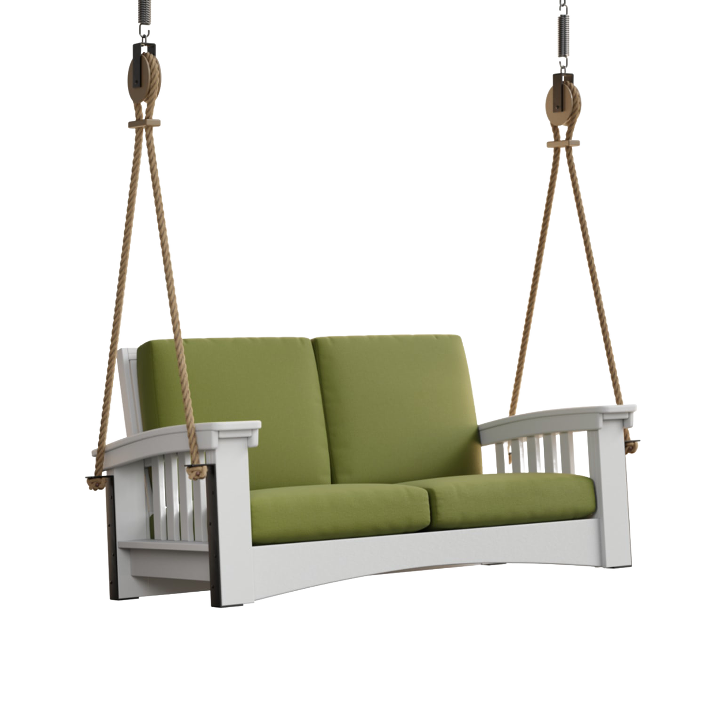 Handcrafted Amish made 6 ft porch swing with olive green cushions, durable white painted cypress frame, suspended by sturdy ropes, ideal for Home & Decor, Outdoor Furniture, USA Made, Amish Made, and Best Sellers collections.