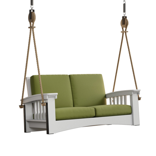 Handcrafted Amish made 6 ft porch swing with olive green cushions, durable white painted cypress frame, suspended by sturdy ropes, ideal for Home & Decor, Outdoor Furniture, USA Made, Amish Made, and Best Sellers collections.