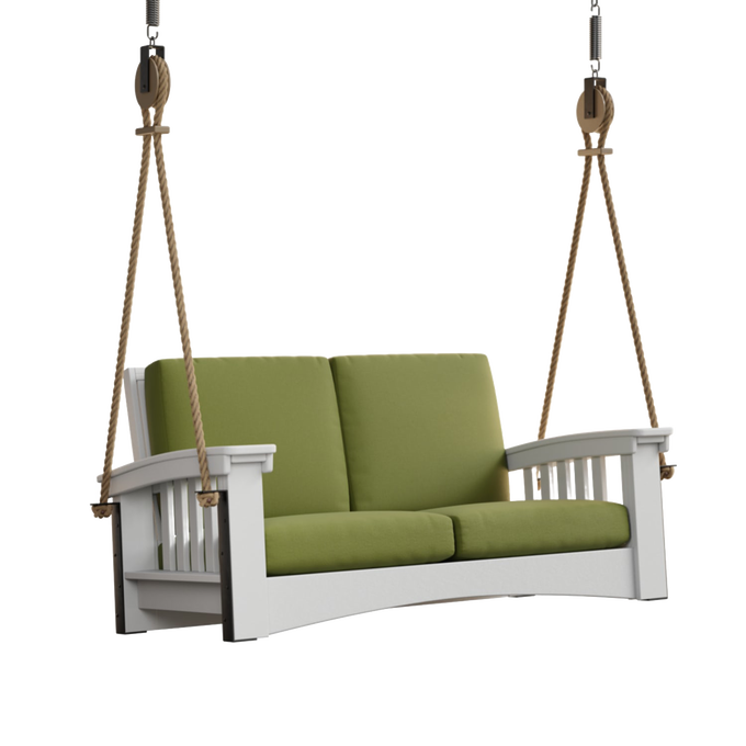 Handcrafted Amish made 6 ft porch swing with olive green cushions, durable white painted cypress frame, suspended by sturdy ropes, ideal for Home & Decor, Outdoor Furniture, USA Made, Amish Made, and Best Sellers collections.